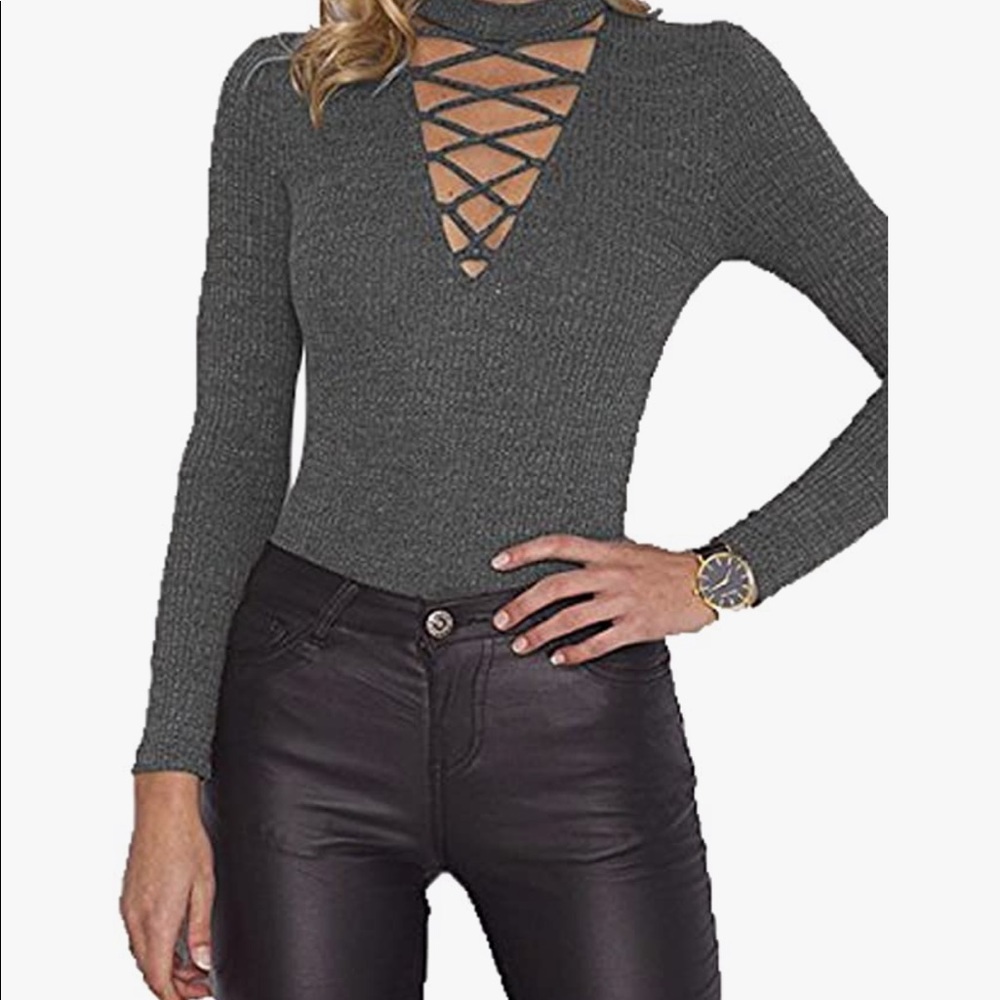 Ribbed Long Sleeve Vnck Bodysuit - Grey Size Small